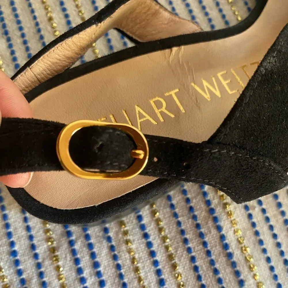 Stuart Weitzman Shalena Black Suede Strappy Sandal Buckle Sz  4 NEW